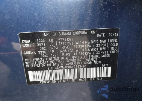 2019 Subaru Ascent Limited from USA, damaged, VIN 4S4WMAPD8K3463465